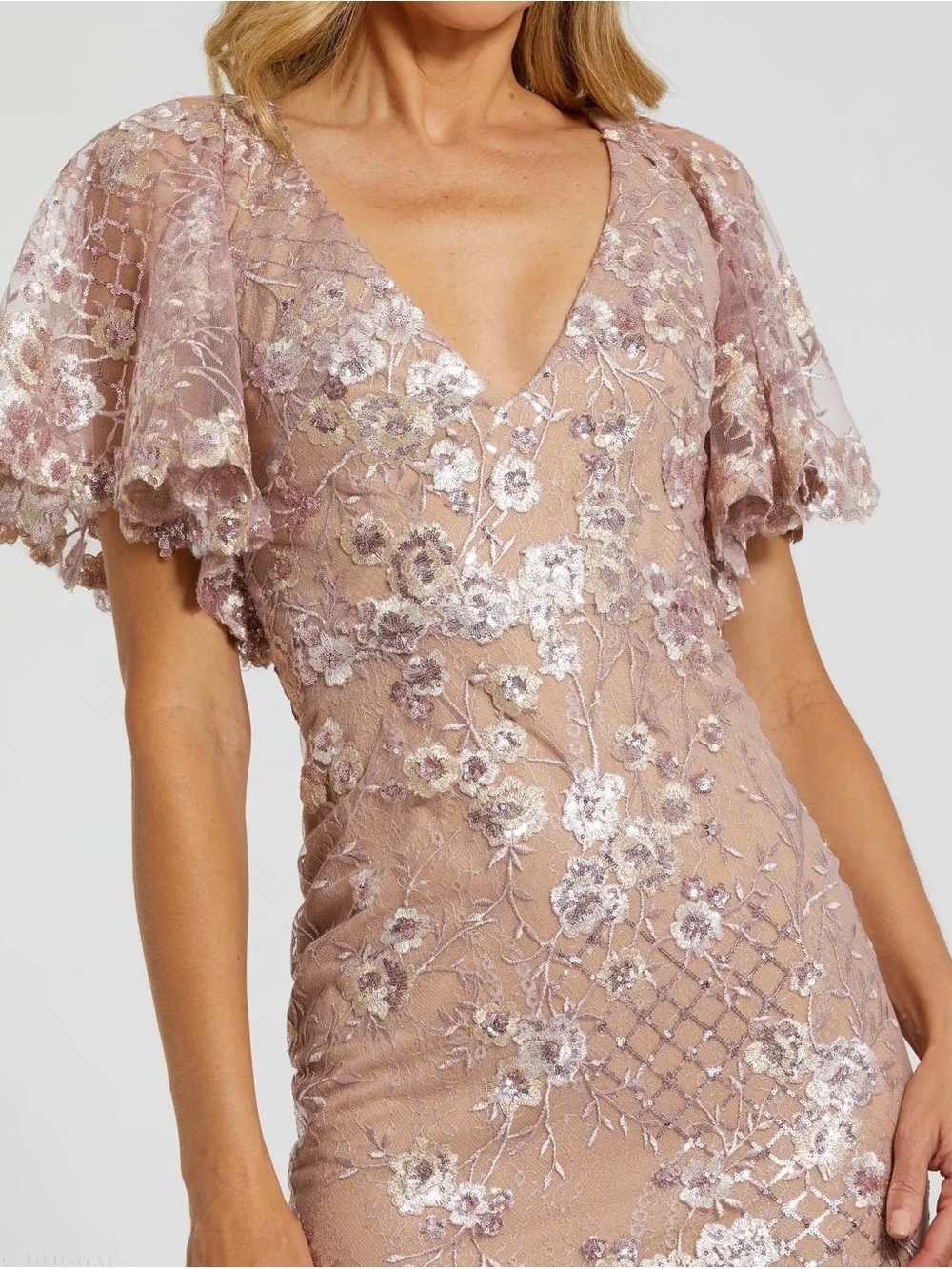 Mac Duggal Pink Embellished Lace V Neck Butterfly Sleeve Gown - Picture 2 of 3